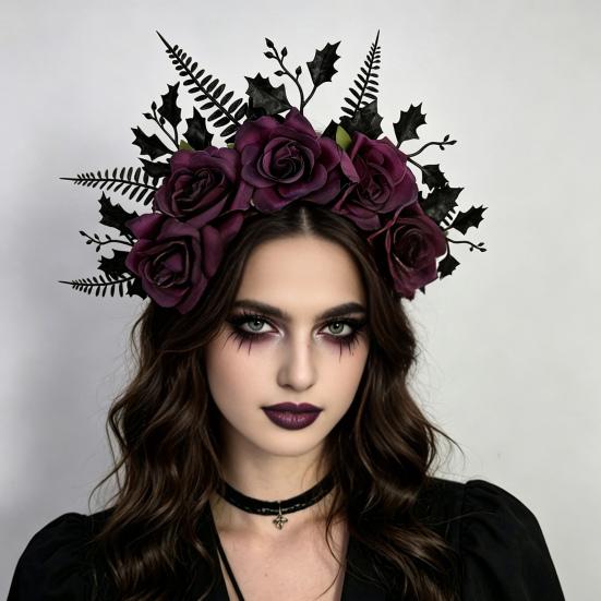 Versatile Hair Accessory for Photography Halloween Rose Headband, Flower Leaf Crown Hoops Bands, Fashionable Floral Gothic Headpiece Hairband Cosplay