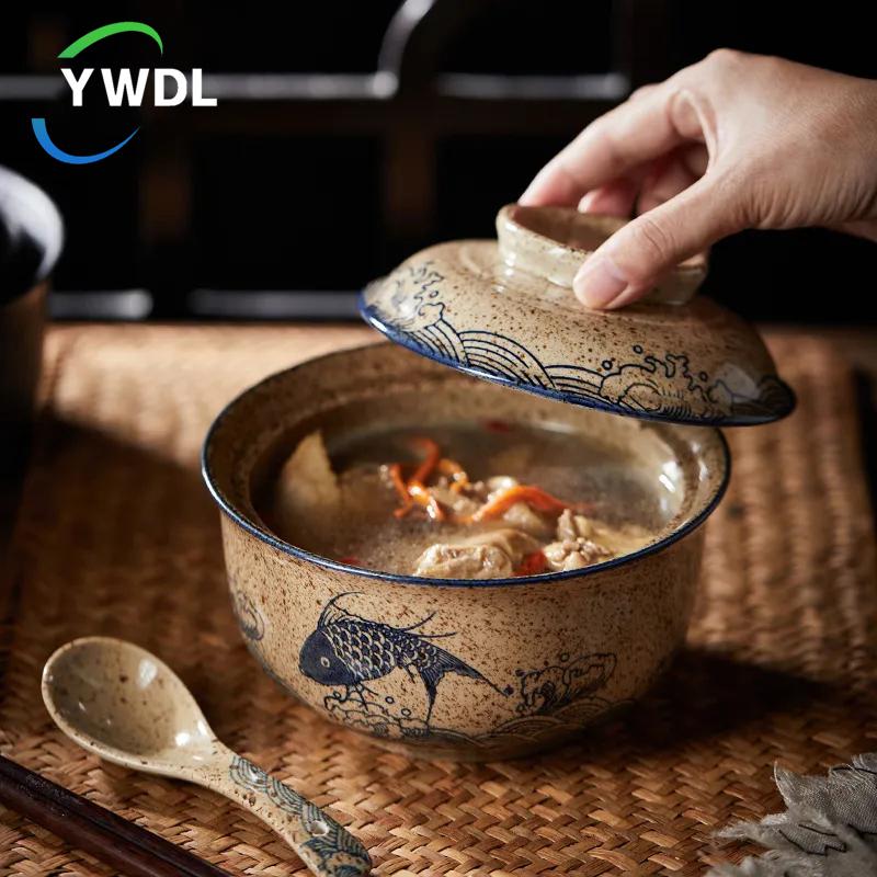 6,5palcová miska na ramen v japonském stylu s víkem, keramická miska na instantní nudle na polévku, rýžové nudle a kaši, kuchyňské nádobí