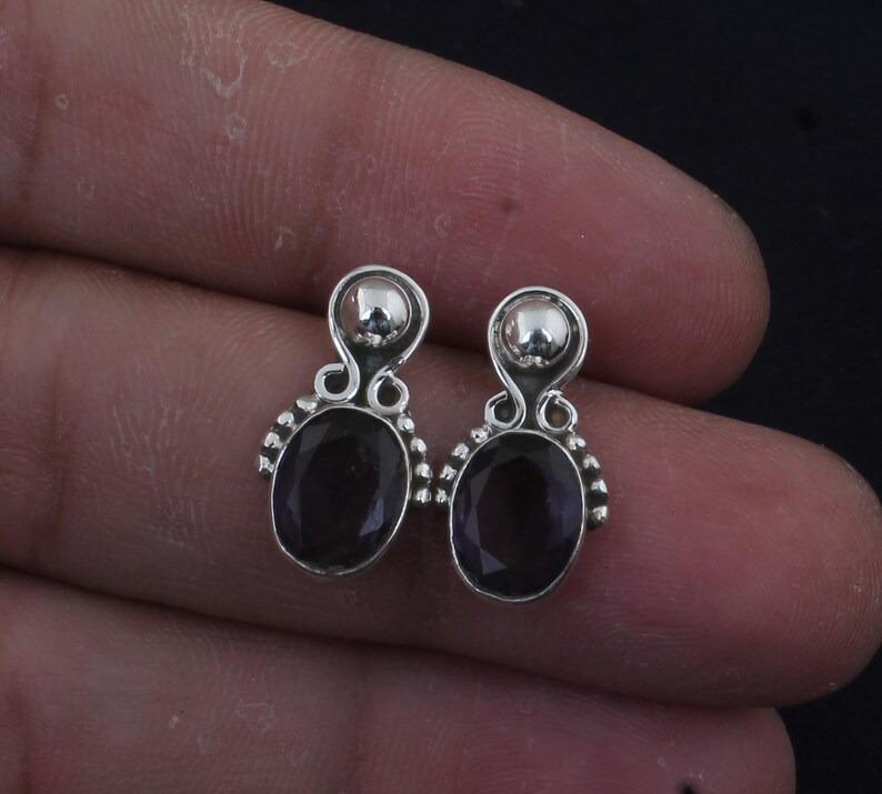 Solid 925 Sterling Silver Amethyst Cut Gemstone Stud Earring Handmade Jewelry Boho Earrings Gift For Her