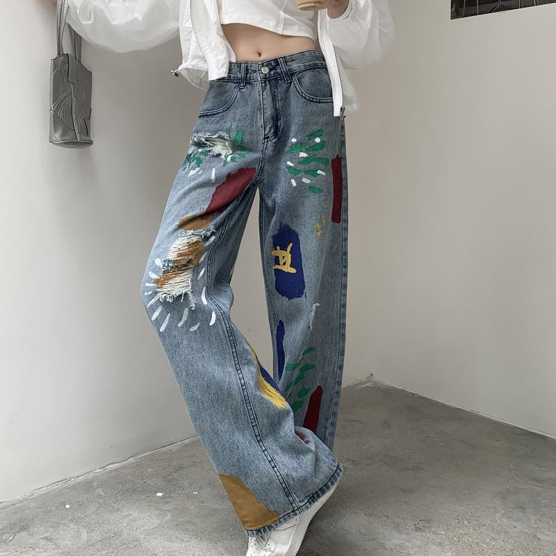 Fashion Colorful Doodle Ripped Jeans Women High Waisted Slim Straight Leg Wide Leg Pants Women Vintage Blue Casual Denim Trousers Lady 24247