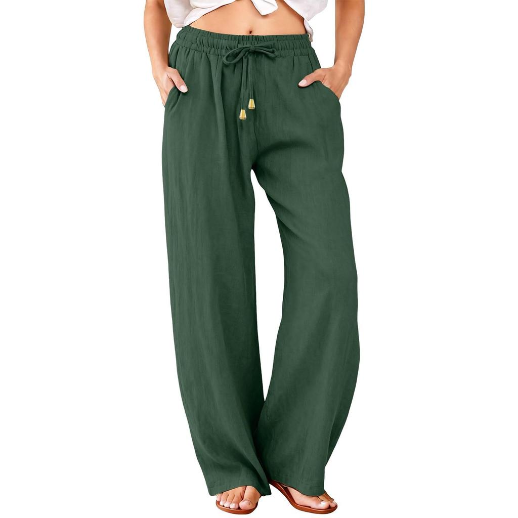 Women’s Drawstring Waist Wide Leg Pants Cotton Linen Loose Fit Casual Relaxed Trousers with Adjustable Waistband