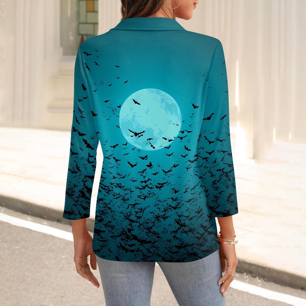 Damenmode Lässig Revers 3/4 Ärmel Halloween Print Hemd Damen V-Ausschnitt Oberteile