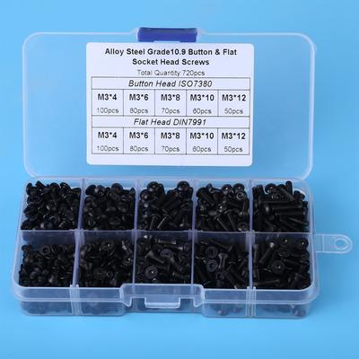 720 Pièces 4mm/6mm/8mm/10mm/12mm M3 Vis à Tête Fraisée Acier au Carbone Vis à Tête Bombée Vis à Six Pans Creux Vis à Tête Hexagonale à Bout Arrondi Boulons à Tête Hexagonale