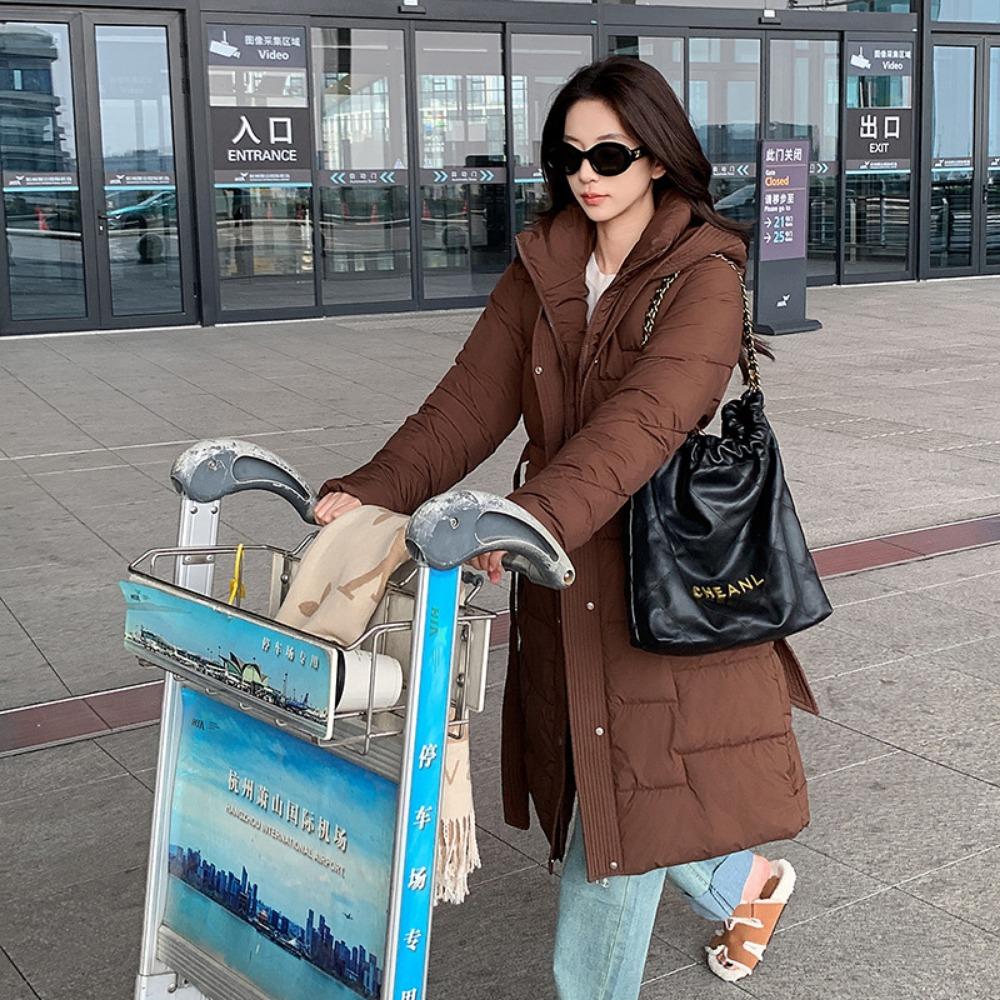 

Новое осенне-зимнее пальто средней длины с темпераментом, приталенное, до колена, утолщенное, хлопковое пальто XXL кофейный