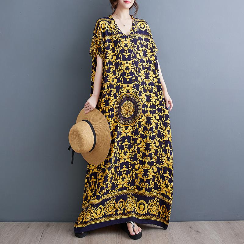 

DIMANAF 2025 Women Plus Size Summer Dress Casual Oversize Dress Basic Loose Long Printing Vintage Dress Maxi One Size золотой