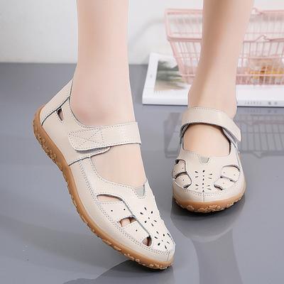Fashion Genuine Leather Sandals Fashionable New Summer Comfortable Soft Sole Mother Shoes Cowhide Velcro Casual Women's Shoes Flat Sole