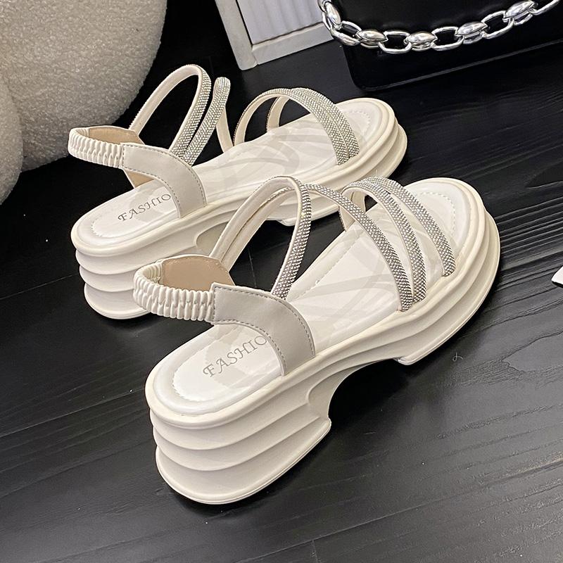 Leisure Sandals Women Square High Heels Shoes for Women Solid Bling Shine Elastic Band Summer Sandals Plus Size Zapatos De Mujer