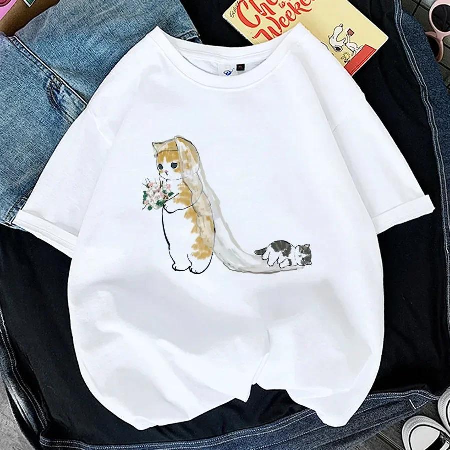 Kawaii Cat WoPrint T-shirt Girl Animal Y2K Fashion 90S Harajuku Print Tops Tee Gril Black White Summer Clothes Tshirts