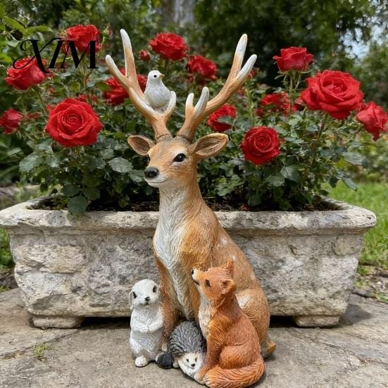 Resin Elk Rabbit Hedgehog Fox Figurines Forest Deer Small Animal Statue, Figurine with Stable Base Exterior Yard Decor Hedgehog, Outdoor Waterproof