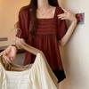French Style Puff Sleeve Loose Blouse Summer Elegant Square Collar Women's Clothing Fashionable Pleated Basic Solid Color Shirts