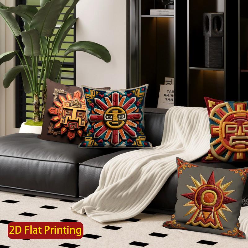 2D Aztec Sun God Print Throw Pillow Coverspattern Cushion Cover Suitable For Sofa Bedroom Car Pillow Cover