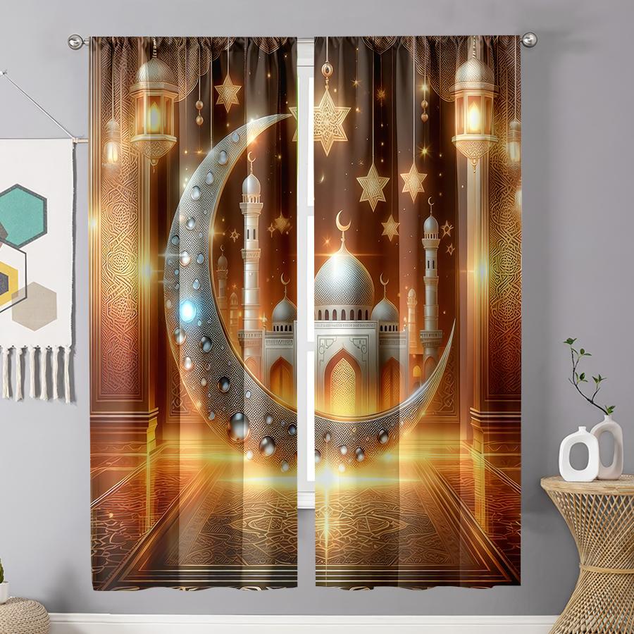 2pcs Glimmering Mosque & Crescent Curtains, Ideal for Ramadan/Eid Window Decor, Lavish Home Living Room Bedroom Decor