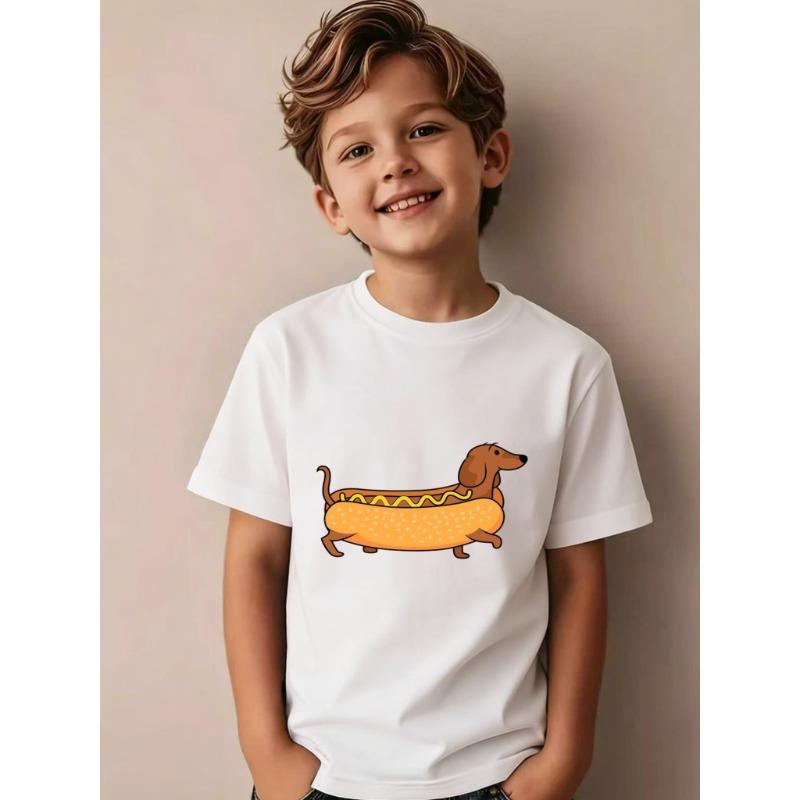 European Size Boys Round-neck Short-sleeved T-shirt with A Hot Dog-shaped Puppy Pattern Print