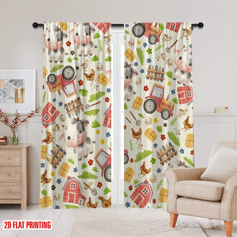 2pcs,2D Plane Printing Minimalist Curtains Farmyard Fun Polyester Fabric (without Rod) Decorations For Home Use for Bedroom &