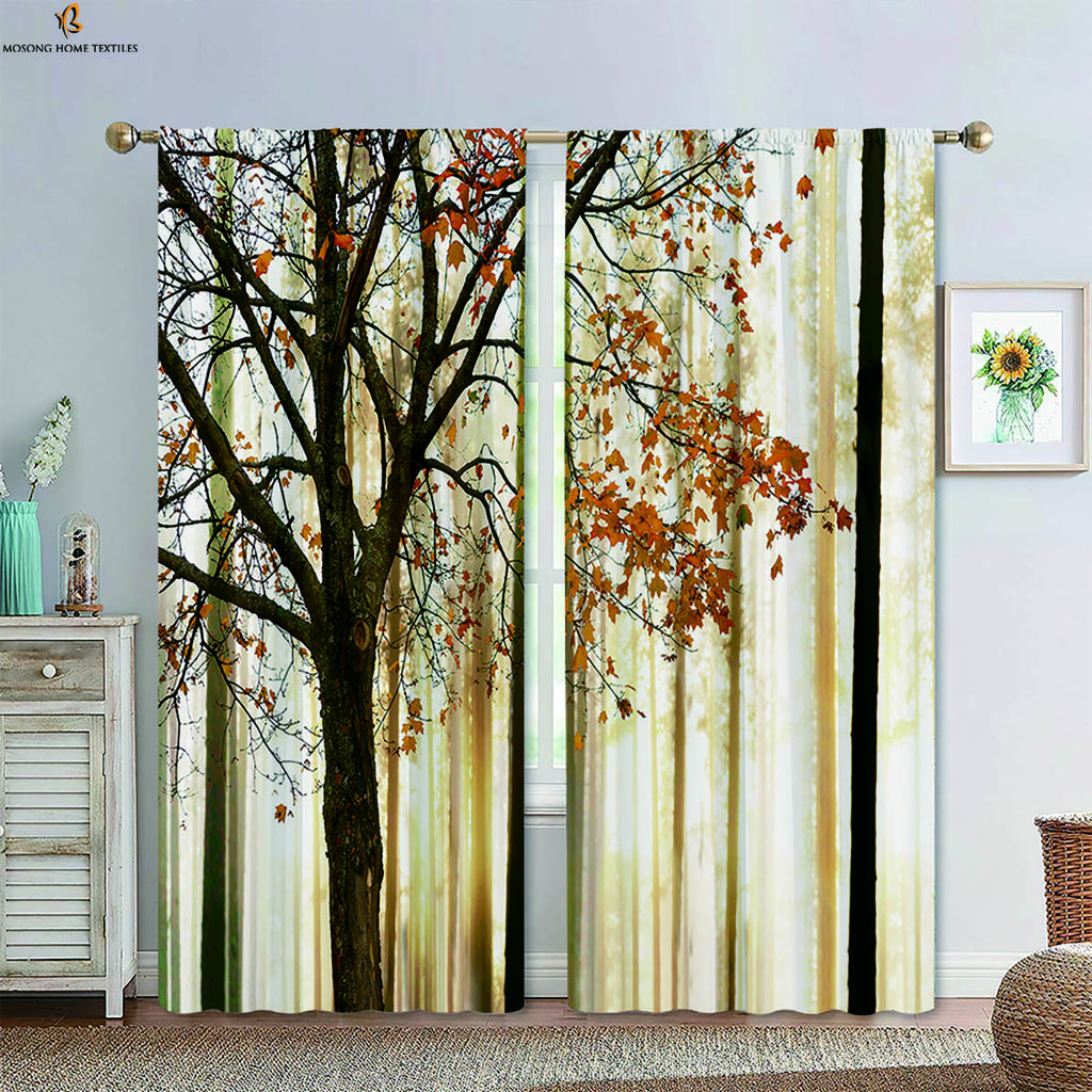 Herbst Nebliger Wald Landschaft 3D Gedruckte Vorhänge Polyesterfaser Stangentasche Schlafzimmer Wohnzimmer Küche Vorhänge 2 Stück