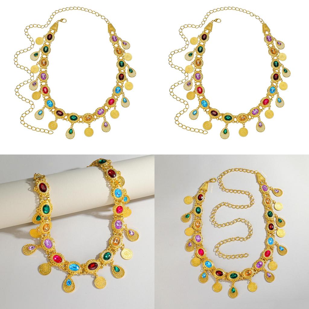 Arabic Jewelry Gold Alloy Acrylic Gem Waist Belt With Hollow Pattern For Ladies Summer Wear