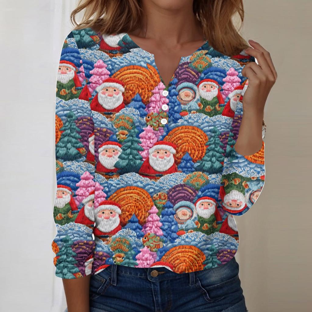 Women's Fashion Casual V-Neck Long Sleeve Decorative Button Christmas Print Top