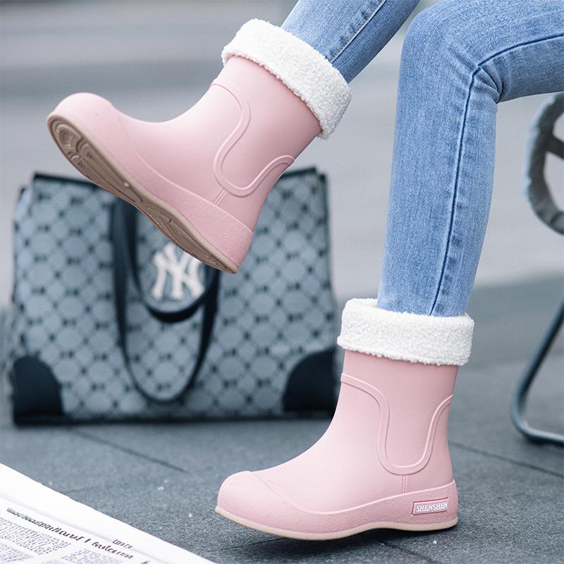 Women's Mid-Calf Waterproof Rain Boots with Fleece Lining - Fashionable, Non-Slip Outdoor Wear for Autumn and Winter