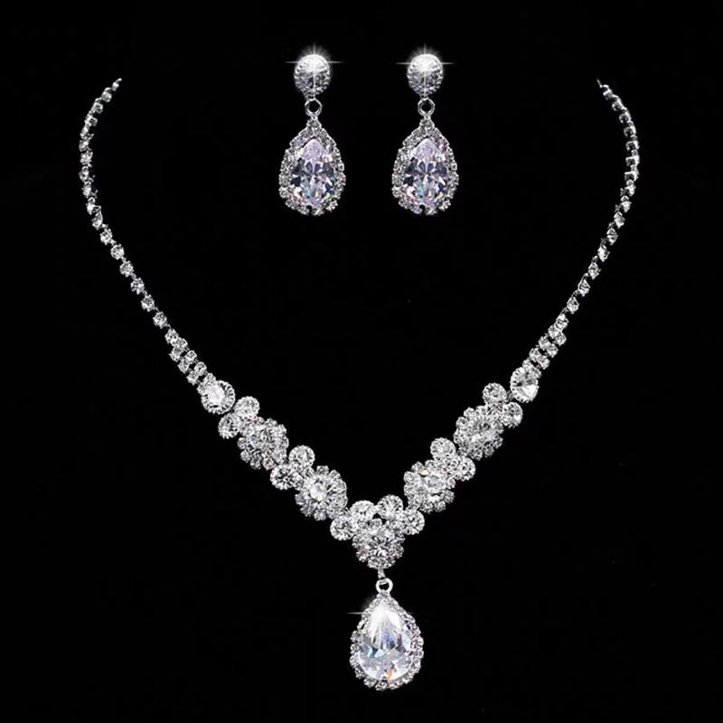 Fashion Simple Water Drop Crystal Rhinestone Necklace Earrings For Women Wedding Dress Accessories Light Luxury Jewelry Sets