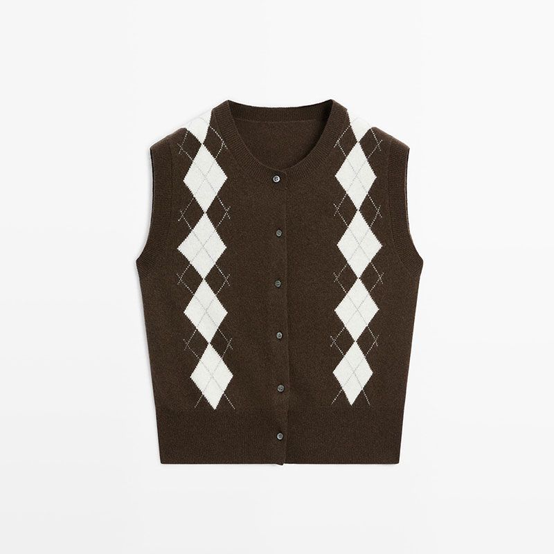 MD Women clothes American Preppy Diamond Plaid Retro round Neck Sleeveless Knit cardigan Vest 05768593717