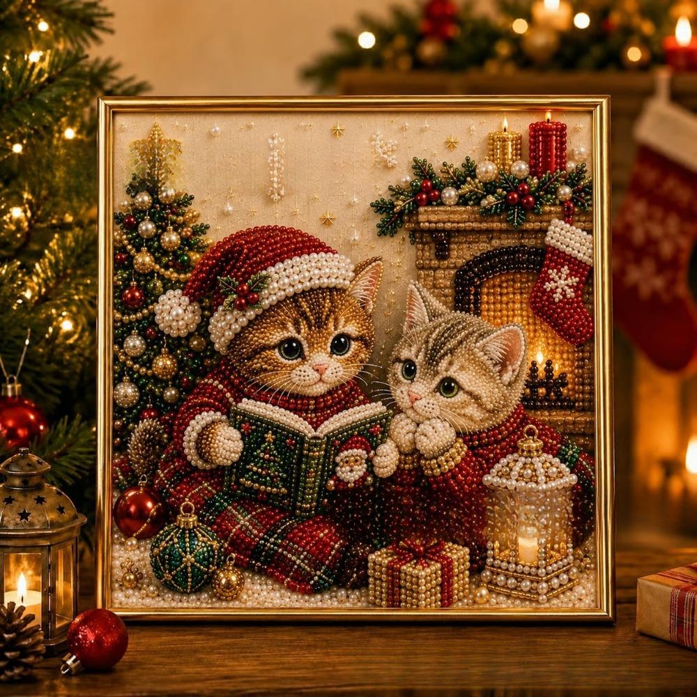 1 Set 3D Pearl Effect Diamond Painting Art Kit Christmas Kitty Theme Handmade Christmas Kitty Art Kit DIY Pearl Art Kit