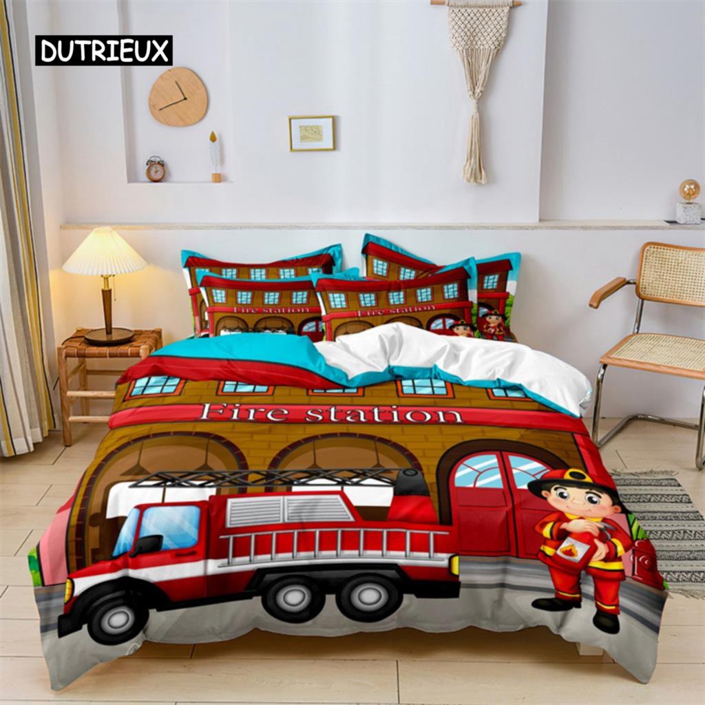 Boys Cartoon Car Duvet Cover Bedding Set Construction Vehicles Comforter Cover Kid Cartoon Machinery Truck Soft Polyester Decor