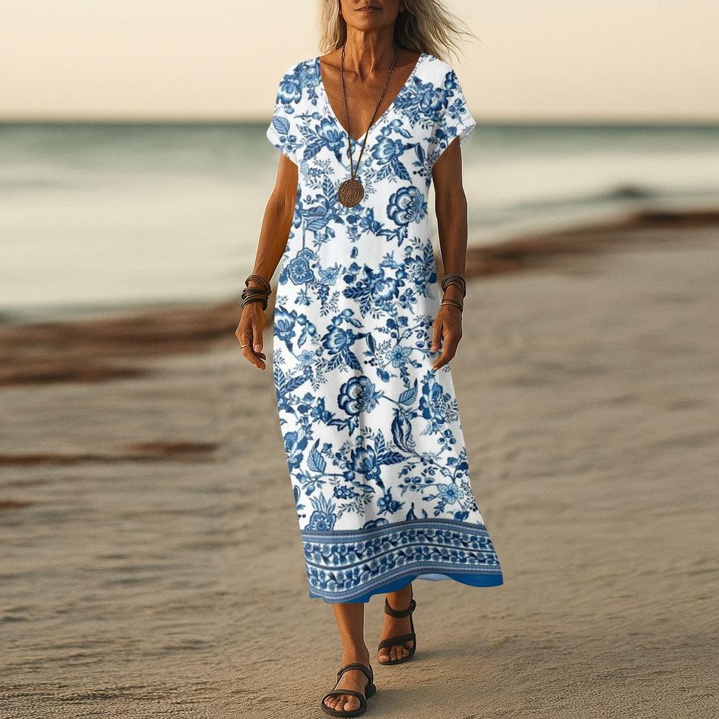 Letní šaty Dámské Dlouhé Boho Plážové šaty Elegantní Maxi šaty Výstřih do V Krátký rukáv Letní Tunikové šaty Lehké Vzdušné