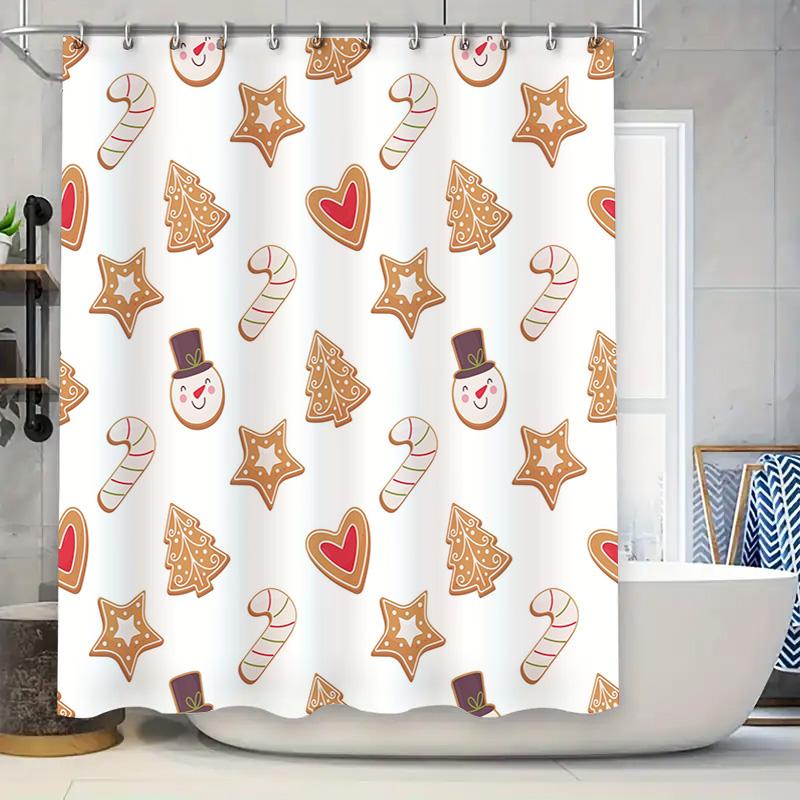 Christmas Shower Curtain, Gingerbread Cookies Pattern Bathroom Decor Set for Holiday Season Home Kitchen Waterproof Fabric with