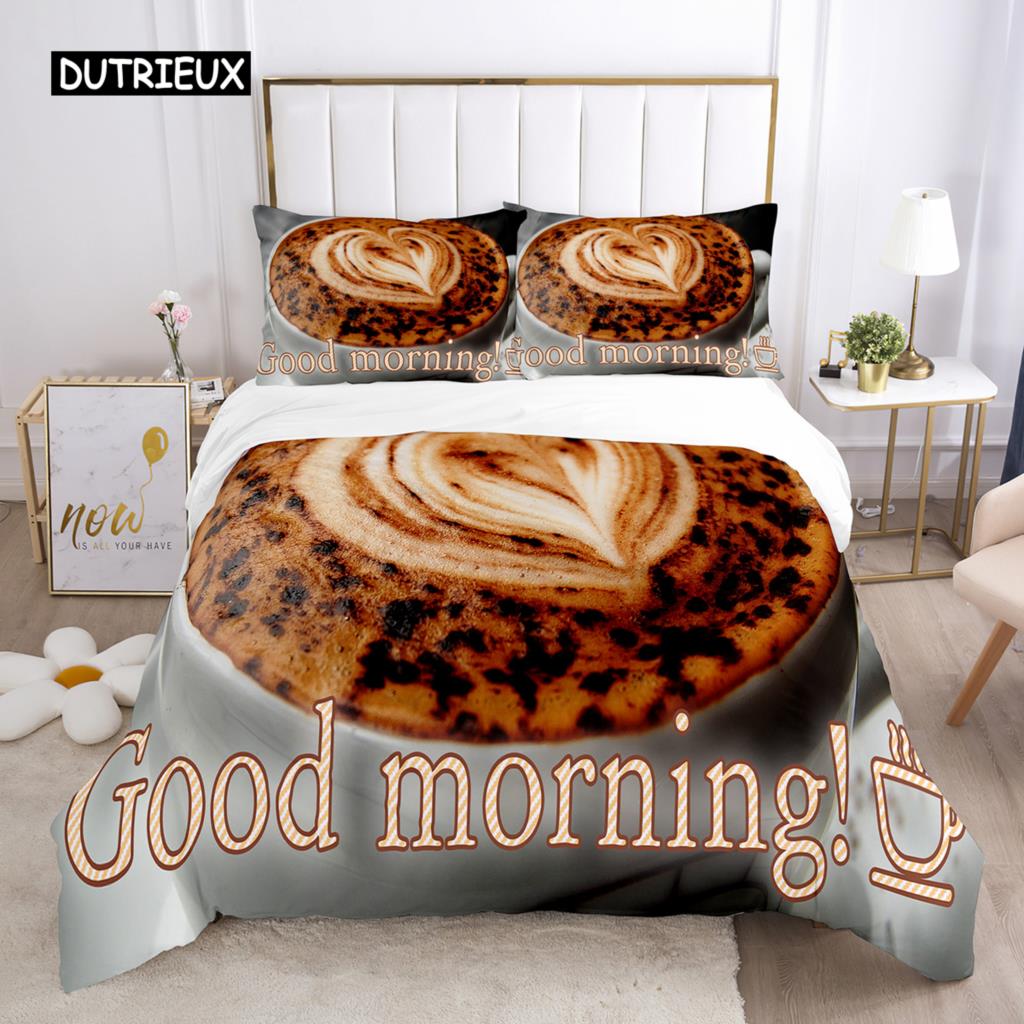 Good Morning Duvet Cover Set Microfiber Coffee Rose Cozy Breakfast Twin Bedding Set Double Queen King Size 2/3pcs Quilt Cover