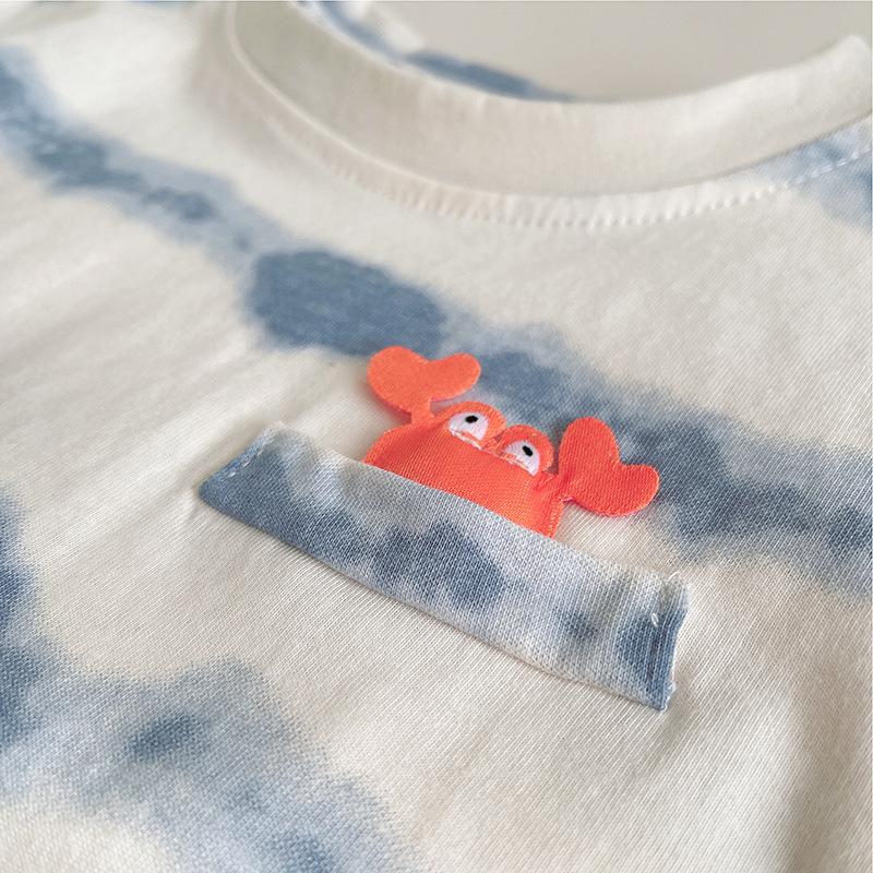 Children's Summer Short Sleeved Set with Korean Striped Printed T-shirt and Soft Denim Shorts Summer Two-piece Set