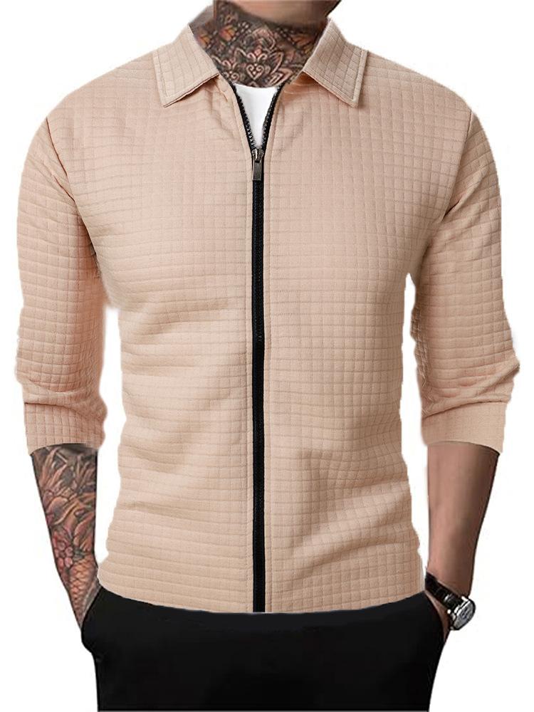 Karierte Stoffjacke Strickjacke Herren Herbst Neuer Stil Reißverschlussmantel Lässig Herren Langärmlig Kragen Waffelstoff Oberteil