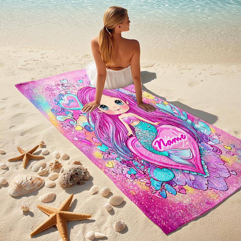 1PC Custom Name Mermaid Heart Fantasy Art Beach Towel Highly Absorbent And Sand-Resistant Towel for Swimming, Pool, Yoga, And Travel Lightweight
