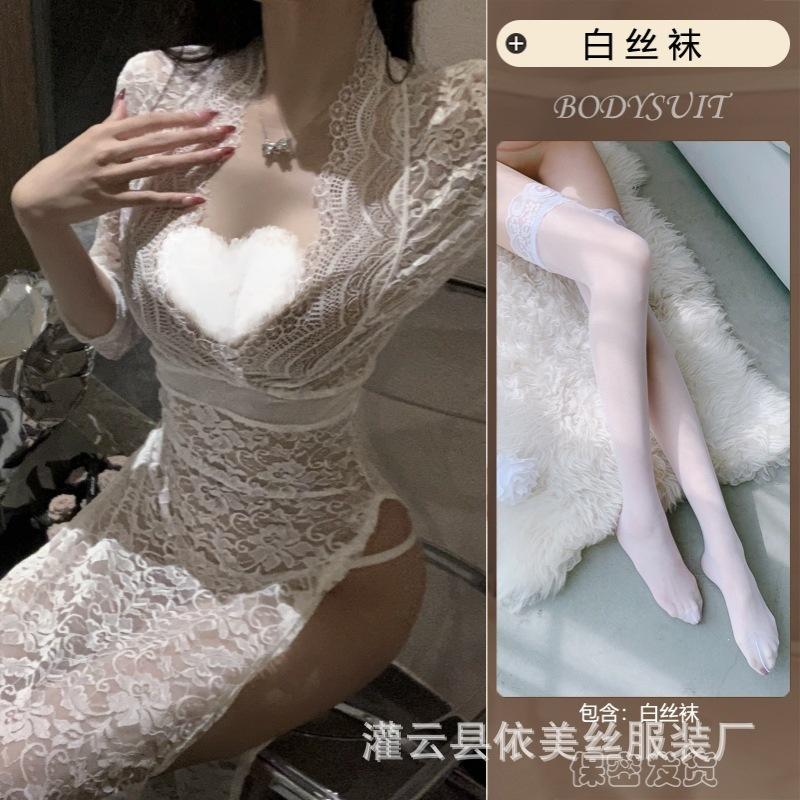 Sexy Sexy Female Lace Seduction Passion Perspective Suit Hot Side Split Hollow Uniform