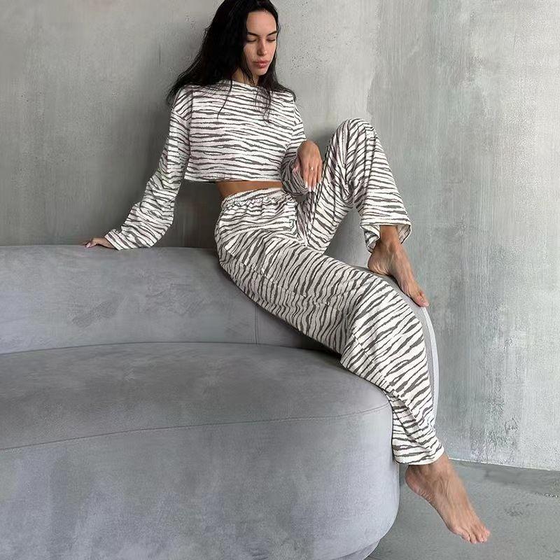European and American Fashion Print Long Sleeve Top Trousers Set Homewear Printed Top and Pants Set