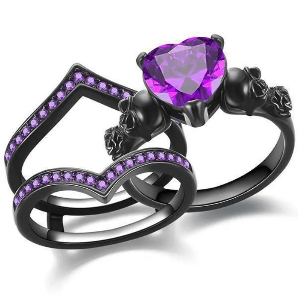 

Gothic Black Rose Flower Skull Engagement Rings Set Red Purple Heart-shaped Zircon Crystal Wedding Anniversary Holiday Gift 9 фиолетовый