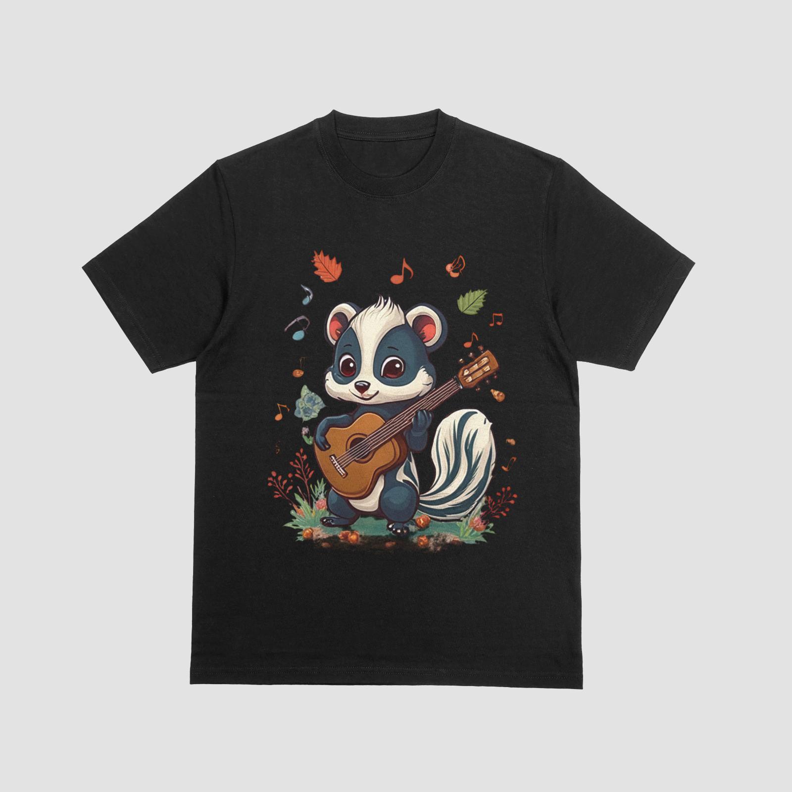 Cute Skunk Playing Guitar T-Shirt Music Lover Cartoon Animal Tee 3XL