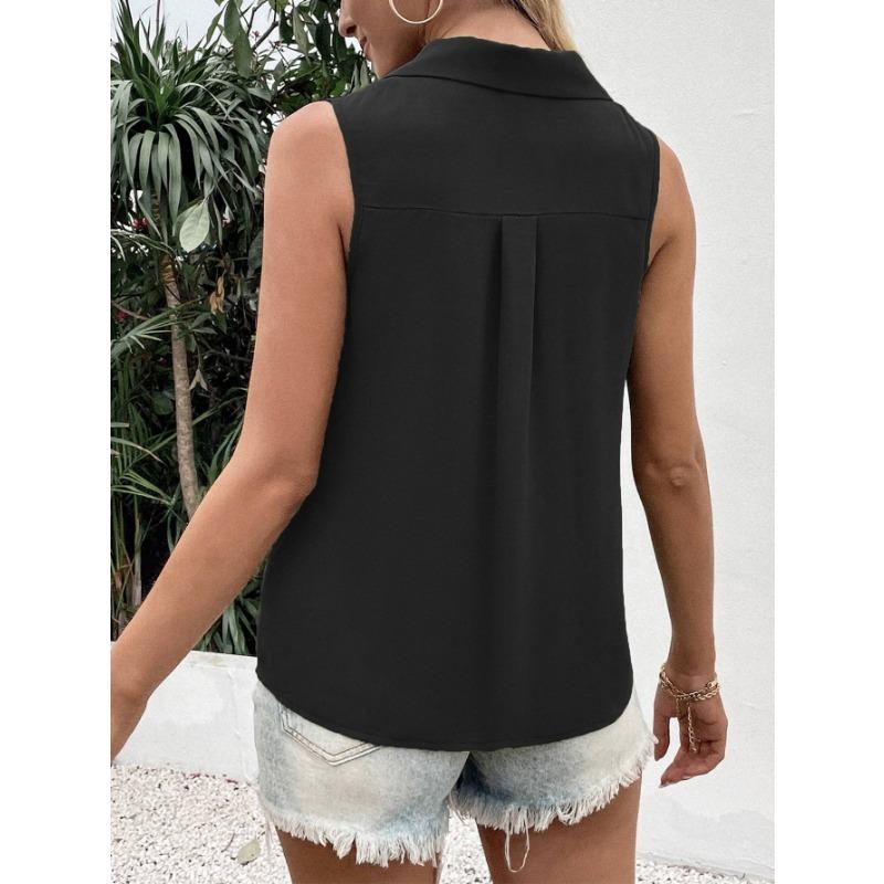 Women Lapel Collar Sleeveless Single Breasted Button Down Solid Loose Casual Chiffon Vest Blouse