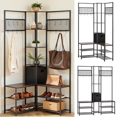 Corner Hall Tree with Shoe Bench, 1800 Mm Coat Rack with Hooks and Steel Frame