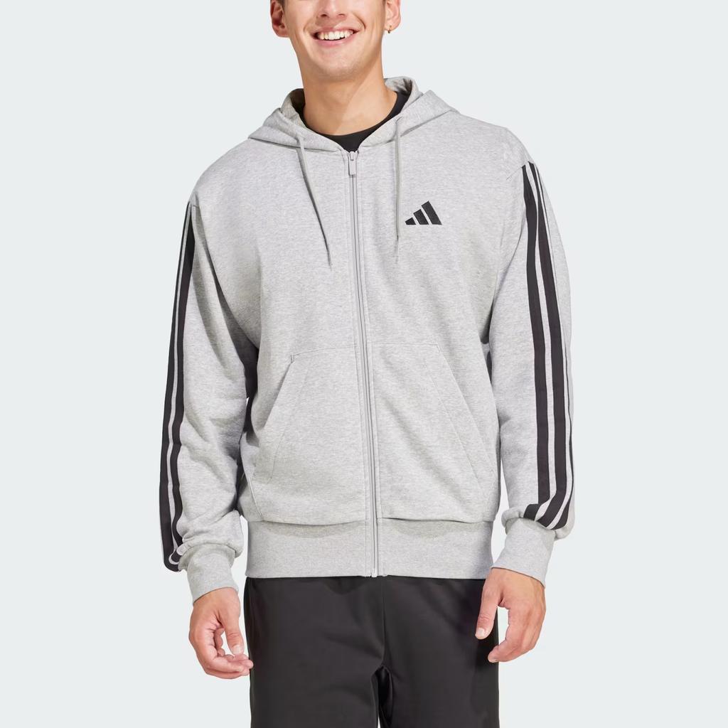 Adidas Essentials 3-Stripes French Terry Full-Zip Hoodie Medium Grey Heather/Black Men Streetwear JE6338
