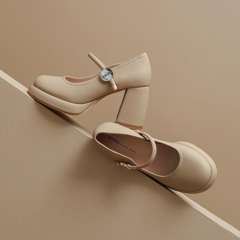 Dámské boty na vysokém podpatku silné podpatky jaro 2025 nový temperament jednobarevné boty lehká ústa univerzální pásek přes nárt francouzské boty Mary Jane