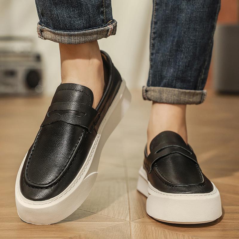 2025 New Men's Casual Shoes Genuine Leather Men Walking Shoes British Style Penny Loafers Mens Slip-on Thick Sole Outdoor Flats