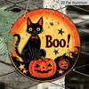 2D Flat, 1pc Vintage Halloween Black Cat And Pumpkin Round Aluminum Wall Art - Evil-Like "Boo!" Design with Glowing Orange Pumpkin And Starry Sky