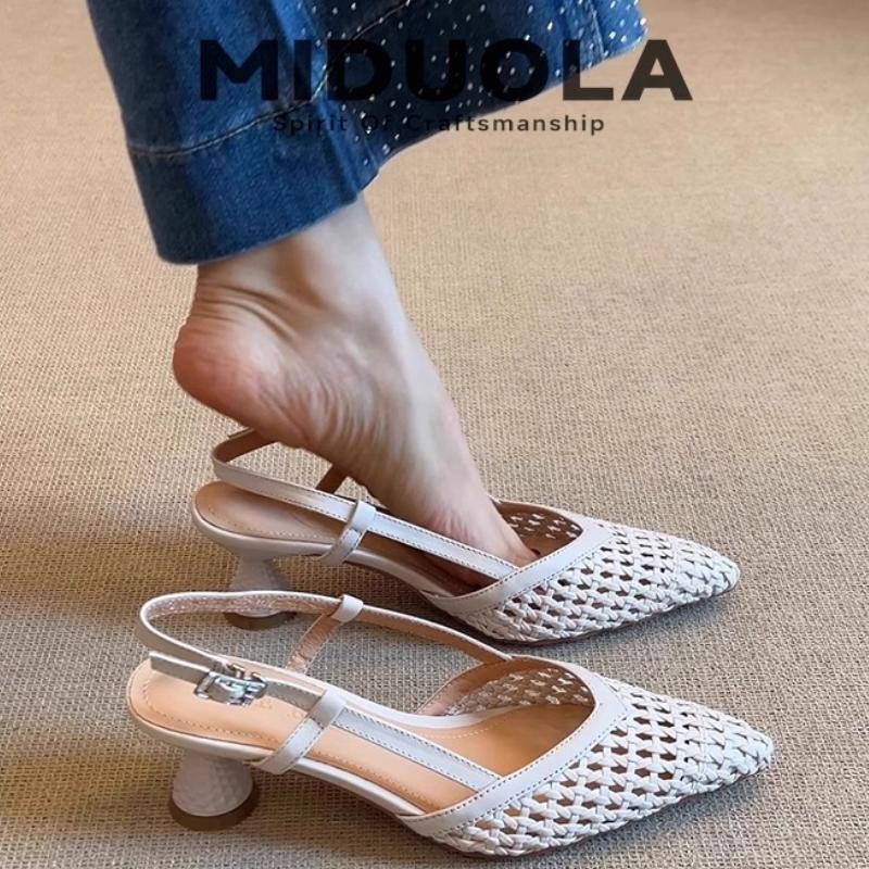 

Fashion 2025 Summer Shoes Skeletonized Fashionable Leather Fabric Mid-heel Women Sandals French Square-toed Woven High-heeled Sandals 35 бежевый