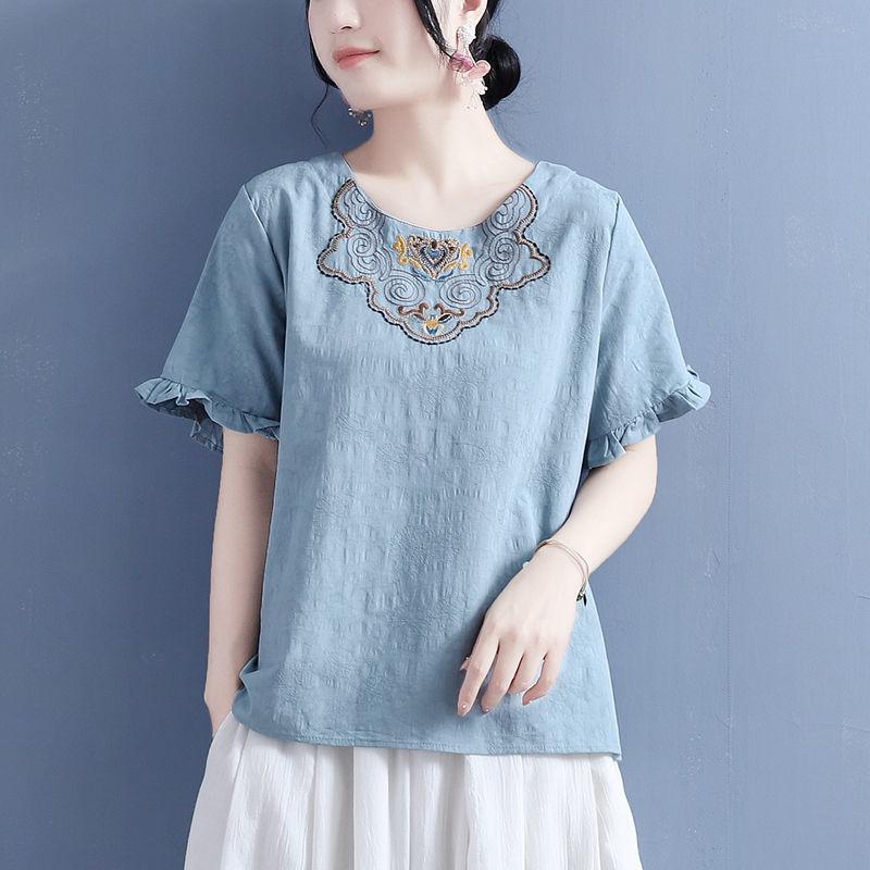 Summer Cotton and Linen Neckline Floral Embroidered Wood Earrings Short-sleeved T-shirt for Women Chinese Style Retro Loose Thin Top