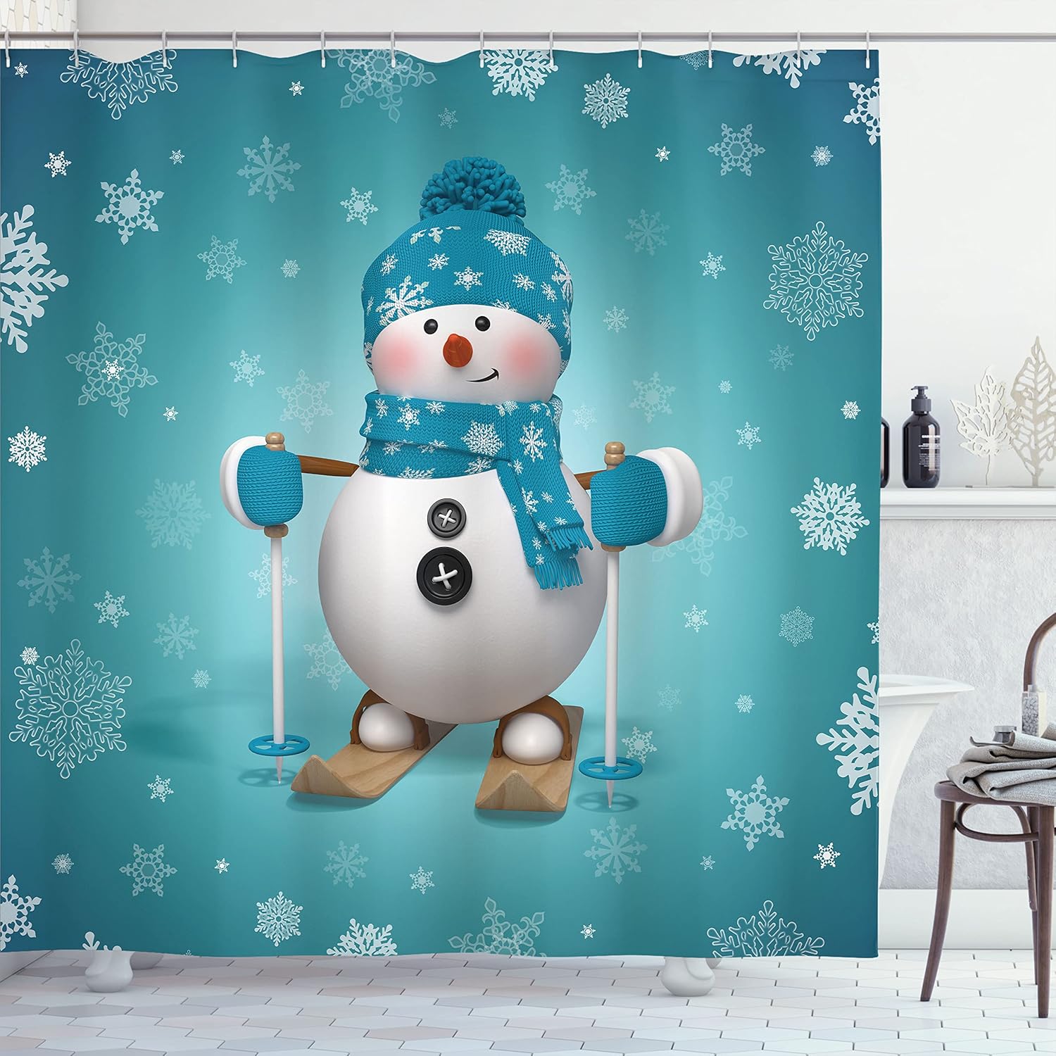 

Christmas Shower Curtain, Train With Gingerbread Cream Candy Cartoon Toys Snowflakes Presents, Cloth Fabric Bathroom Decor W60H190(CM)-1 Pcs