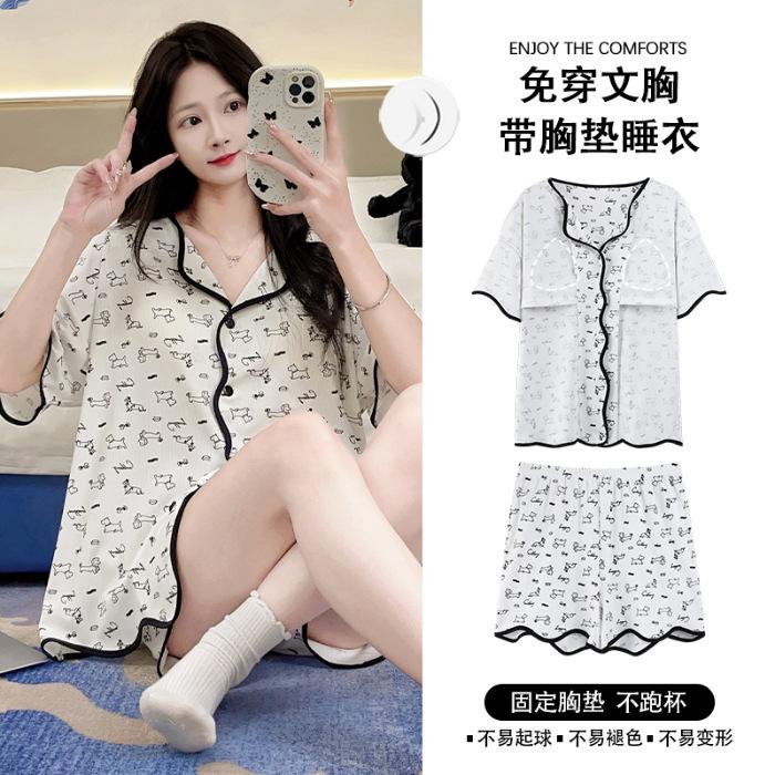 Kommt mit integriertem Brustpolster Pyjama Damen Cardigan Kurzarmshorts Sommer Cartoon Katze Loungewear