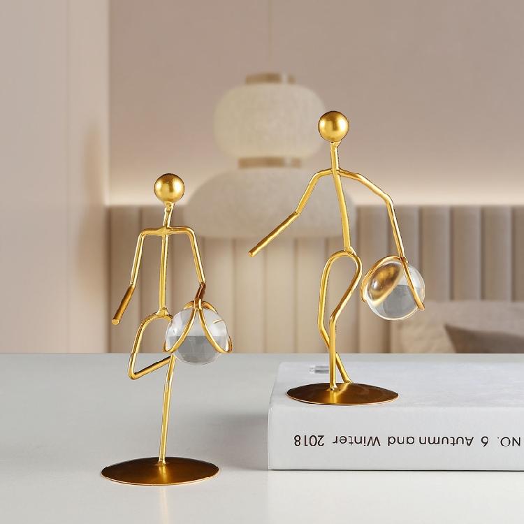 Athlete Crystal Ball Figurine Iron Gold Desktop Ornament Bedroom Living Room