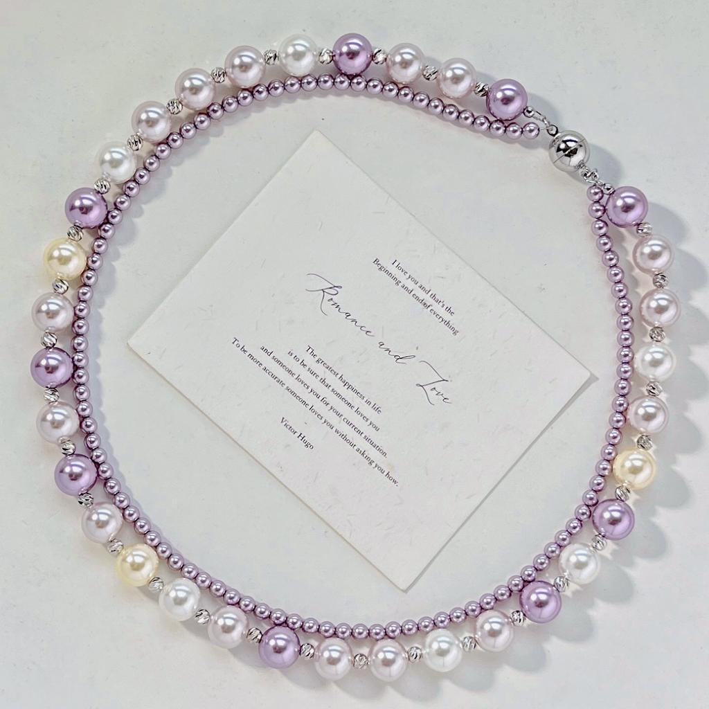 10mm Style Taro Purple Mixed Color Shijia Pearl Double-layer Design Sweater Chain Necklace Collarbone Chain