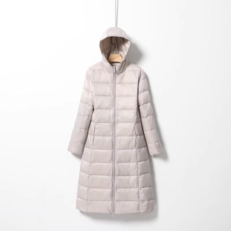 Women's Long Hooded Lightweight Down Jacket - Korean Style Slim Fit, Over-the-Knee