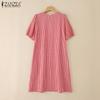ZANZEA Damen Freizeit Rundhals Gitterdruck Sommer Kurzarm Kleid